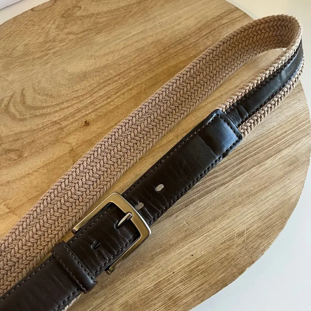 Columbia 90s Brown Genuine Leather Natural Fiber Woven Belt Size XL